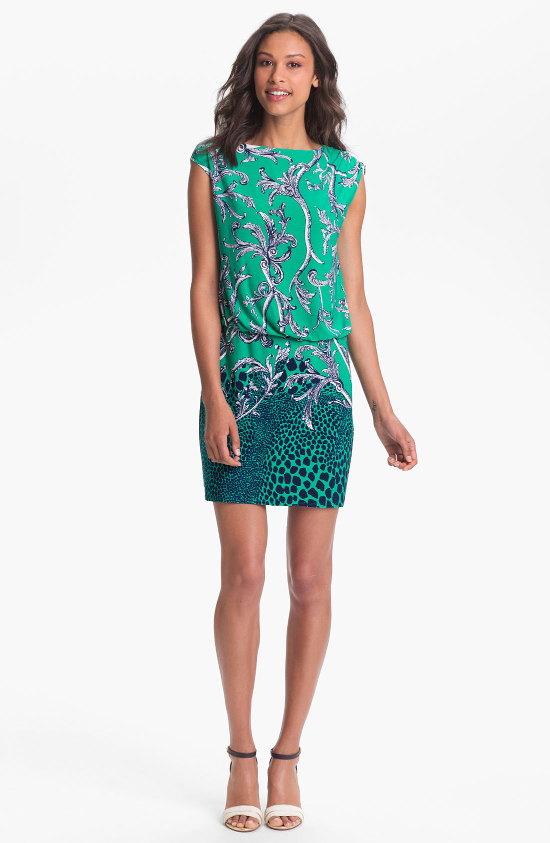 Laundry By Shelli Segal Mix Print Jersey Blouson Dress in Blue (sea