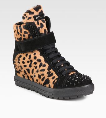 Miu Miu Calf Hair and Studded Suede Wedge Sneakers - Lyst