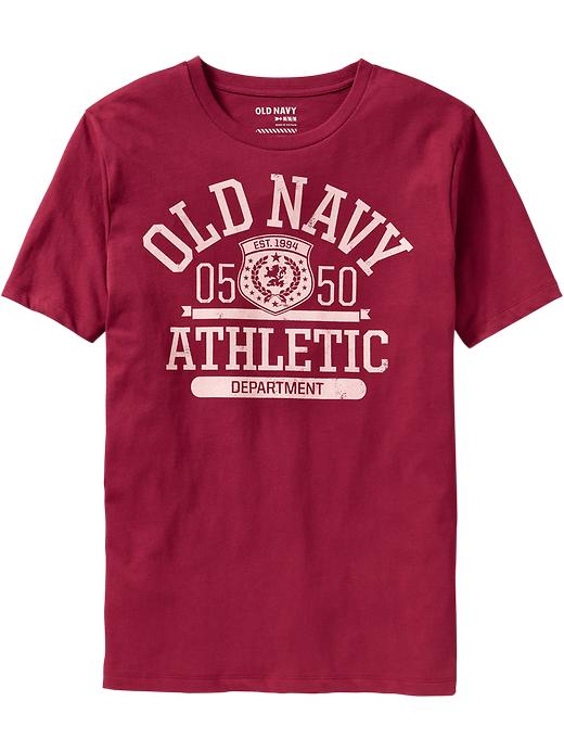 navy blue and red graphic tee