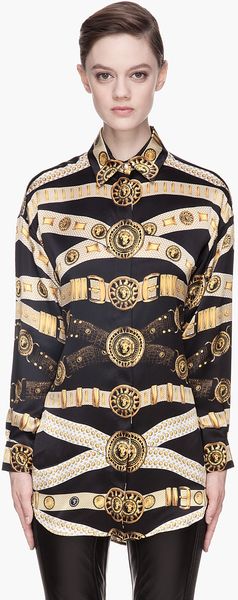 Versus  Black Silk Belt Print Blouse - Lyst