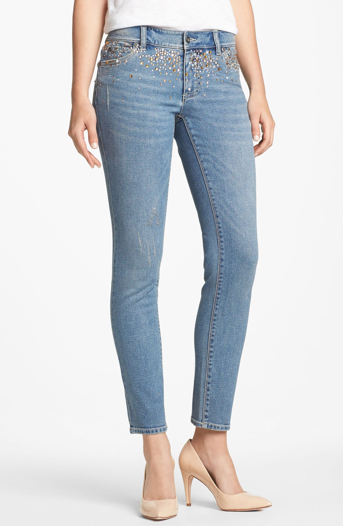 Two By Vince Camuto Embellished Distressed Straight Leg Jeans Petite in