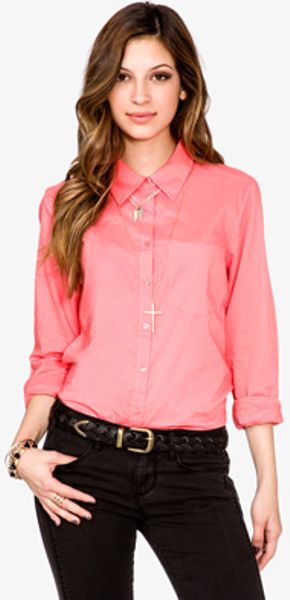 Forever 21 Long Sleeve Button Down Shirt in Pink (coral) | Lyst