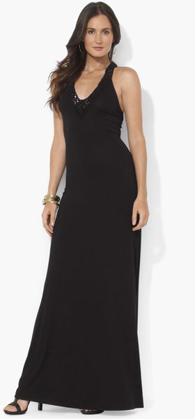 Lauren By Ralph Lauren Embroidered Vneck Maxi Dress in Black