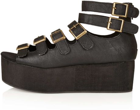 Topshop Hitch Multi Buckle Flatform in Black | Lyst