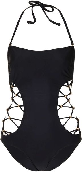 Topshop Black Beaded Lattice Swimsuit - Lyst
