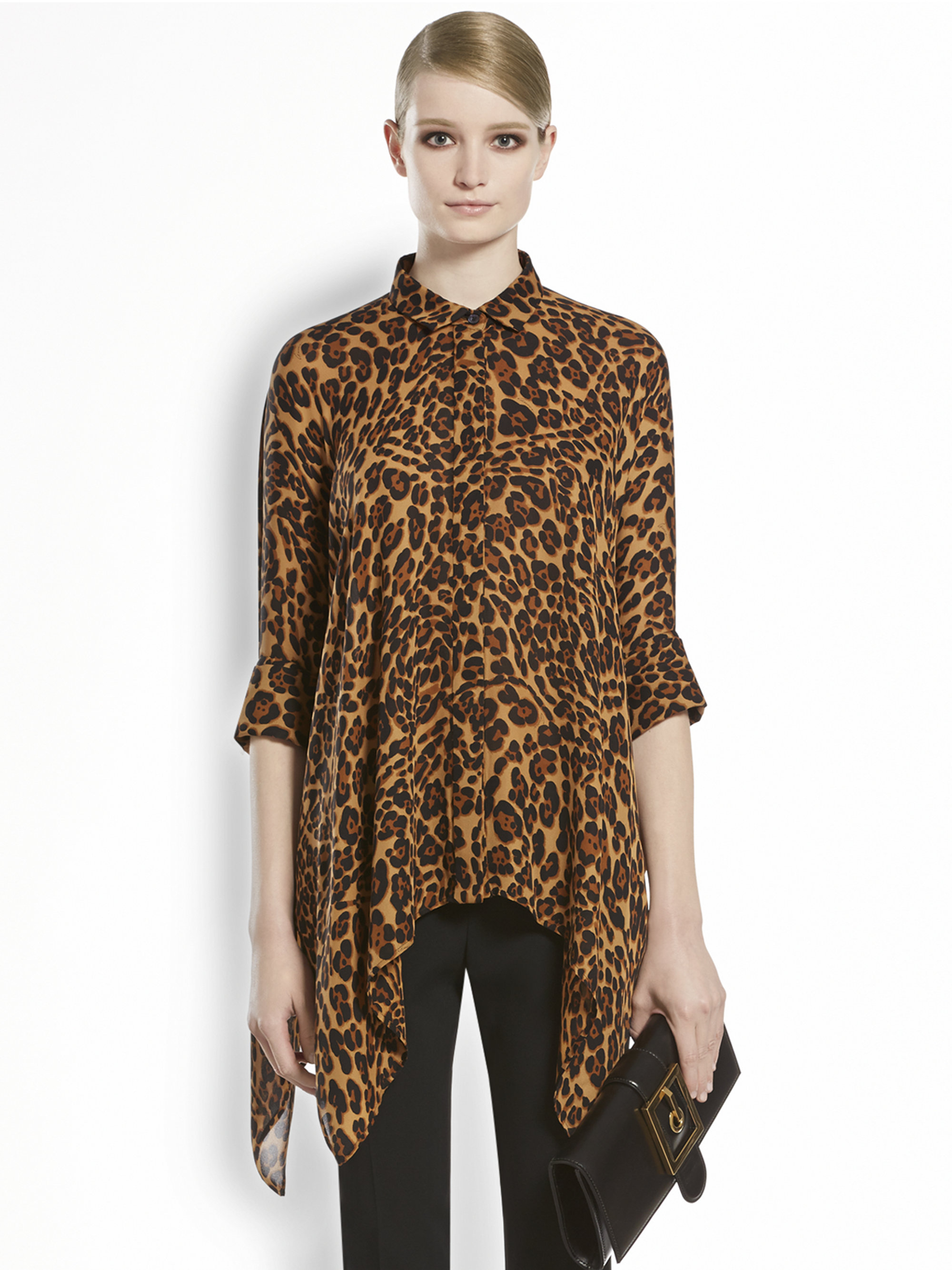 Gucci Jaguar Silk Georgette Cape Shirt in Brown (black print) | Lyst
