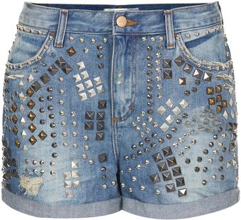 Topshop Moto Mix Stud Denim Boy Shorts - Lyst