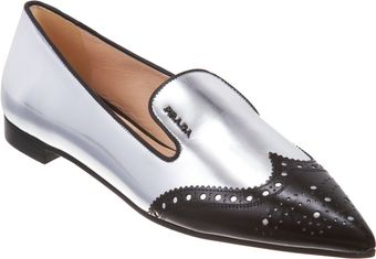 Prada Metallic Pointed Toe Brogue Loafer - Lyst