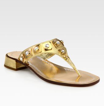 Prada Saffiano Leather Crystal Thong Sandals - Lyst