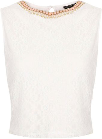Topshop Bead Necklace Lace Crop Top - Lyst