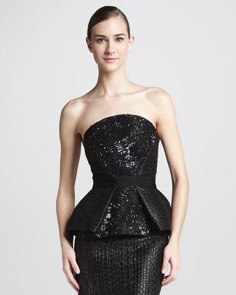 Monique Lhuillier Sequined Peplum Bustier Top - Lyst