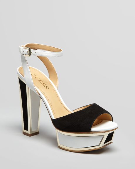 Guess Peep Toe Platform Sandals Barta High Heel in White (blackwhite ...