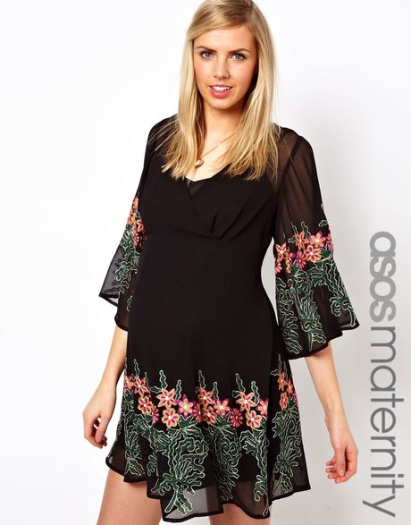 Asos Maternity Kimono Dress with Embroidered Flowers in Floral (Black ...