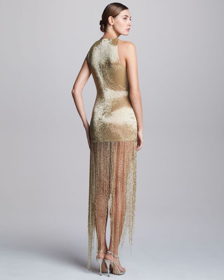 Naeem Khan Sequined Fringe Dress In Gold Lyst