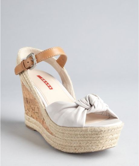 Ivory  Sandals Wedge Sport Leather sandals slingback White and Prada  knotted Cork Knotted Jute in