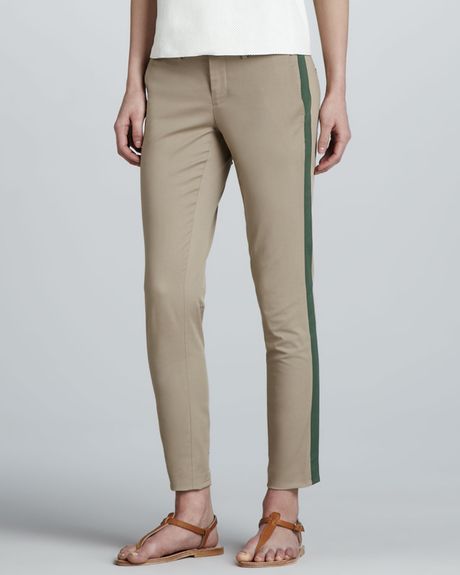 khaki pants with red stripe
