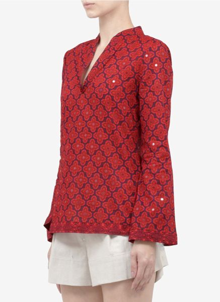 Tory Burch Stephanie Printed Sequined Cotton Tunic in Red (transparent