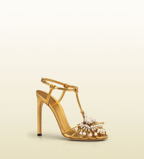 Gucci Phoebe High Heel Sandal with Jeweled Embroidery in Gold | Lyst