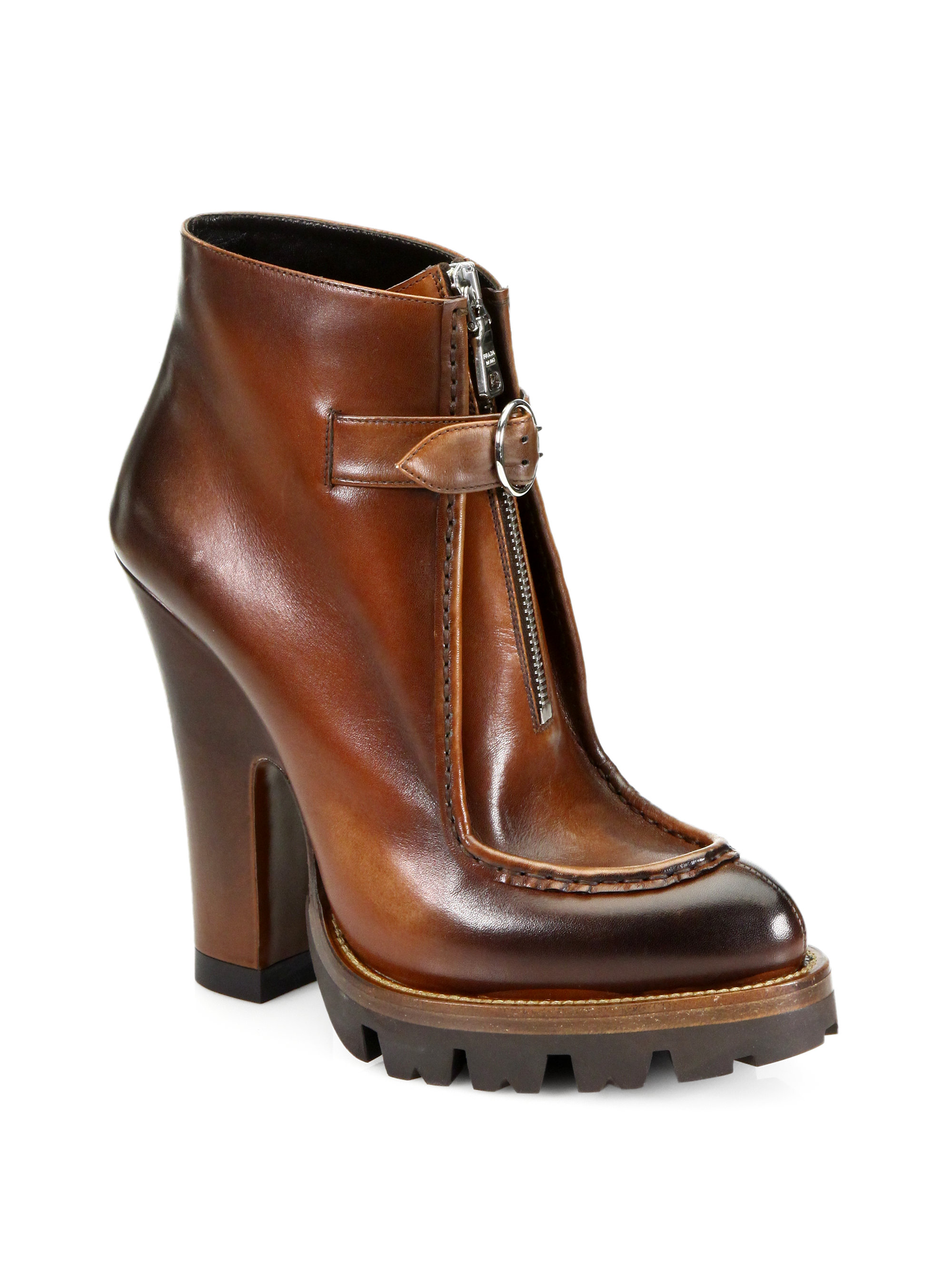 Prada Leather Zipperdetail Platform Ankle Boots in Brown (TEAK) | Lyst