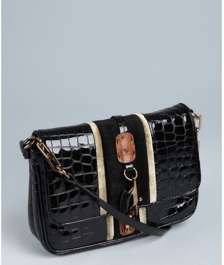 Fay Black Croc Embossed Patent Leather Shoulder Bag in Black | Lyst