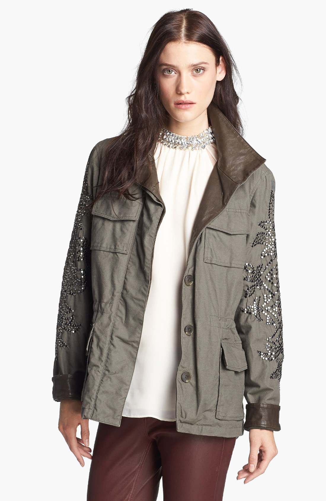 Haute Hippie Studded Washed Ripstop Jacket in Khaki (Dark Military