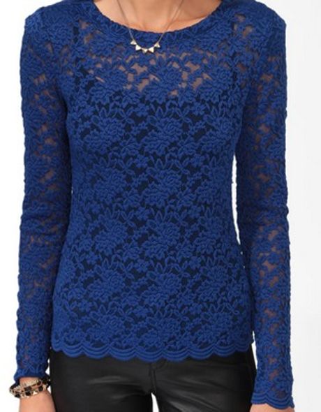 Forever 21 Scalloped Lace Top in Blue (BRIGHT COBALT) | Lyst