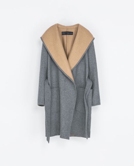 Zara Hooded Wool Coat in Gray (Grey  Tan) | Lyst