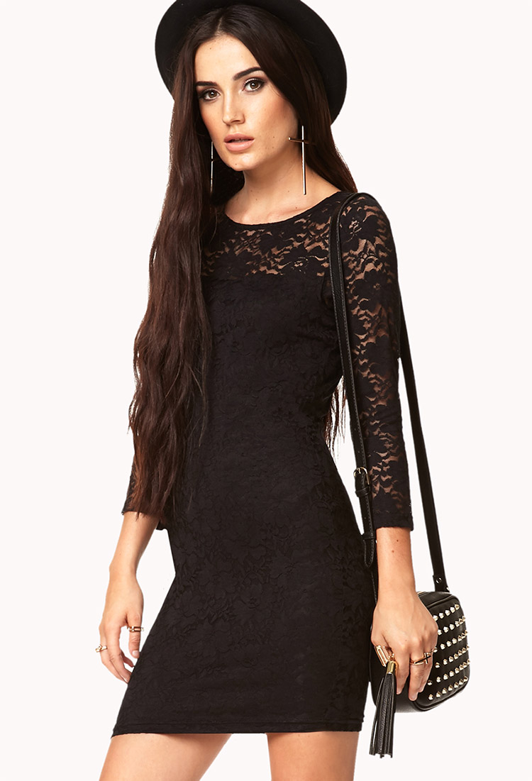 Forever 21 Floral Lace Bodycon Dress in Black