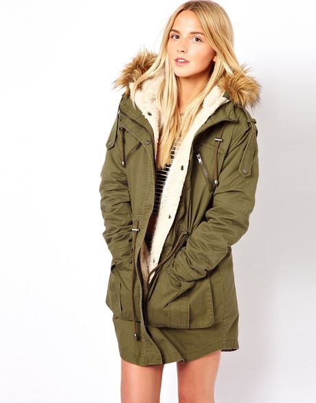 Asos Fur Hooded Detachable Lined Parka in Khaki - Lyst