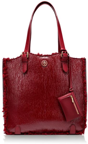 Tory Burch Patent Shearling Channing Tall Tote in Red (BORDEAUX)