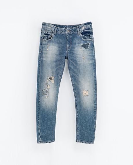 Zara Ripped Boyfriend Jeans in Blue (Indigo) | Lyst