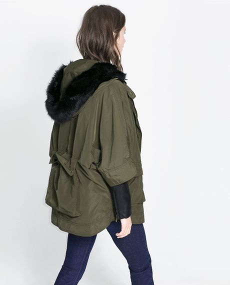 Zara Combination Leather Parka in Khaki | Lyst