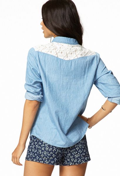 Forever 21 Crochet Lace Denim Shirt in Blue (Denimcream) | Lyst