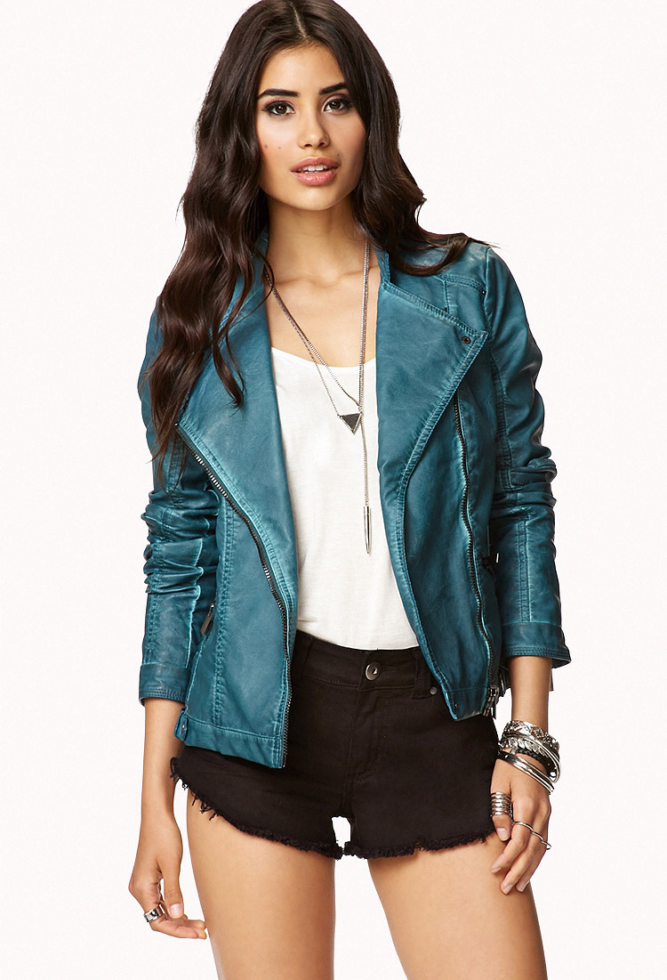 Forever 21 Faux Leather Moto Jacket In Blue Teal Lyst