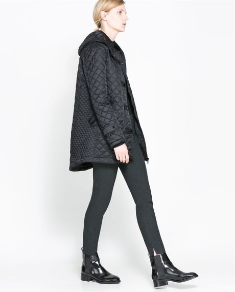 Zara Quilted Coat with Hood in Black | Lyst
