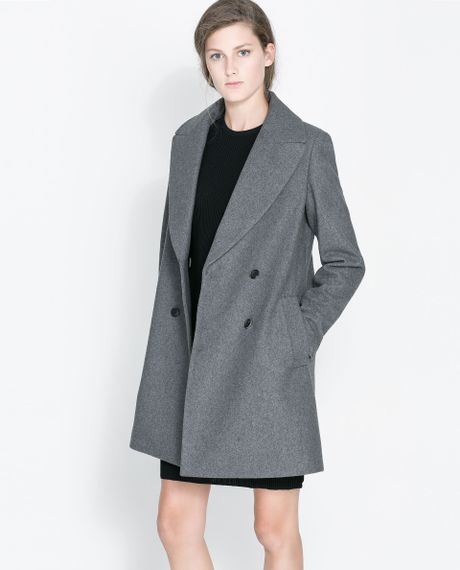 Zara Double Breasted Wool Coat in Gray (Grey marl) | Lyst