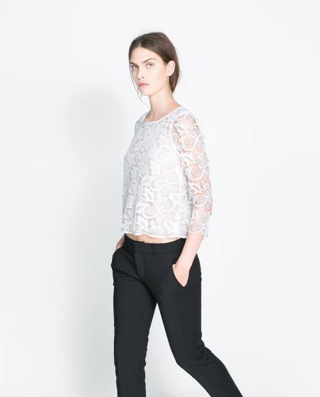 Zara Cropped Guipure Lace Top in White (Off-white) | Lyst