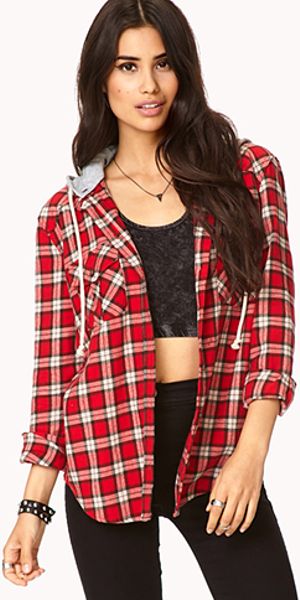 Forever 21 Plaid Flannel Shirt W Hood in Red (REDLIGHT PINK)