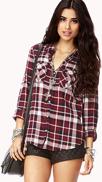 Forever 21 Double Pocket Madras Flannel Shirt in Red (NAVYRED)