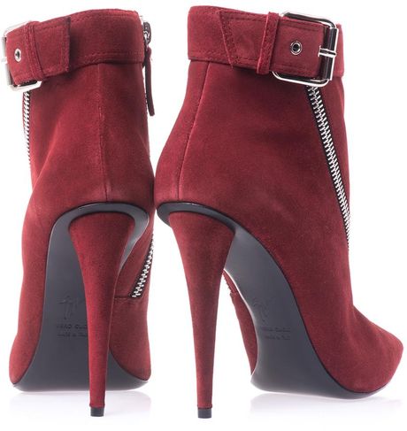 Shoeniverse: Return to Form feat - GIUSEPPE ZANOTTI Red Zip Suede Ankle- Boots