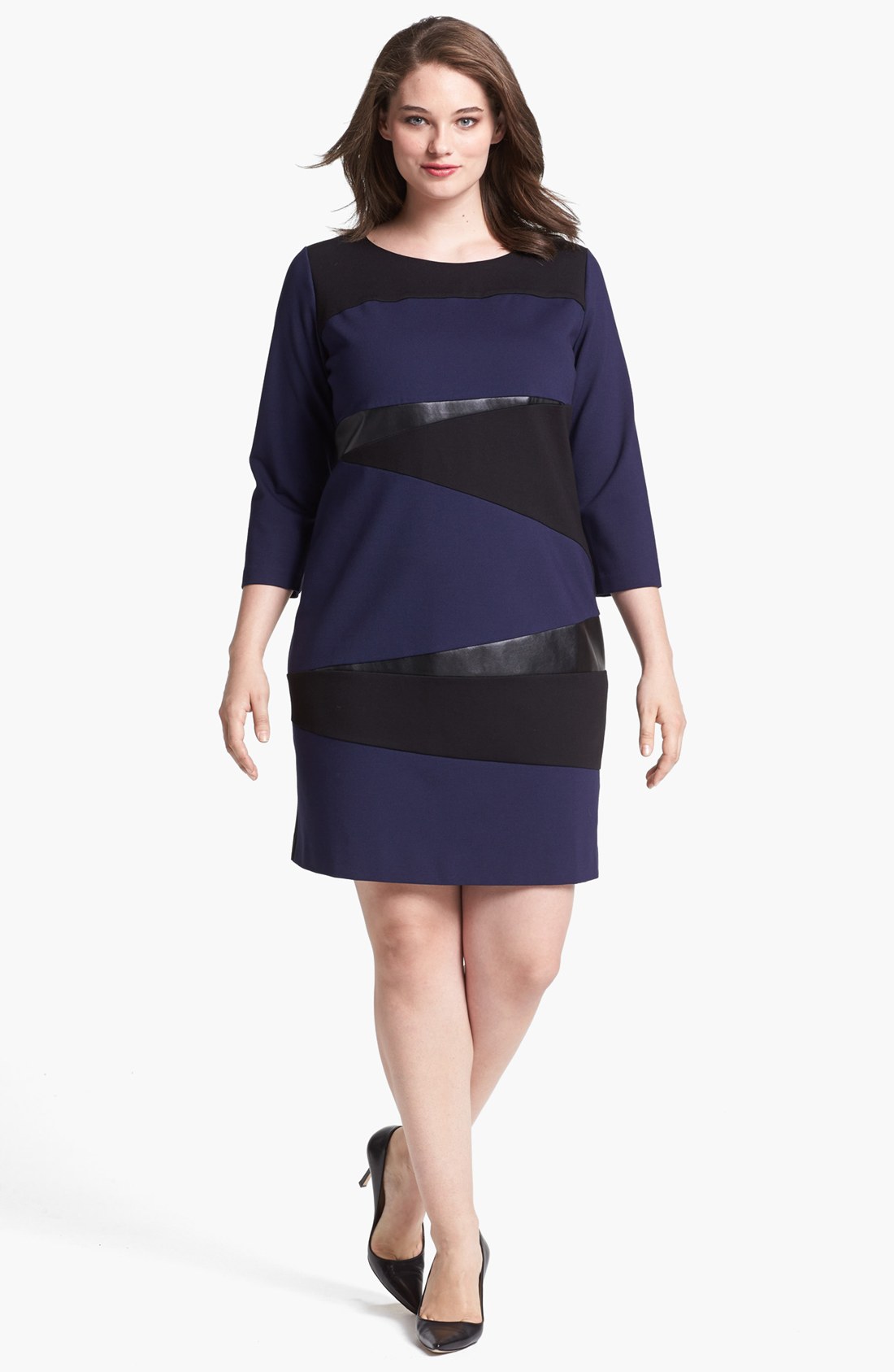 Dkny Faux Leather Trim Shift Dress in Blue (Majestic Blue) Lyst