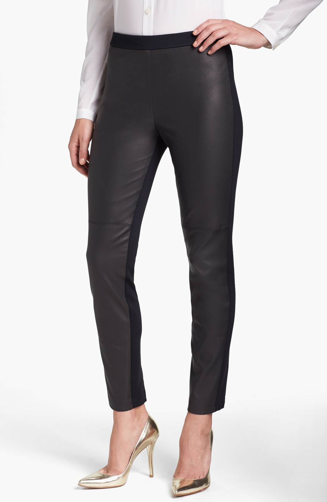 St. John Alexa Stretch Leather Milano Knit Pants in Black (Caviar) Lyst