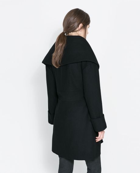 Zara Woollen Wrap Around Coat in Black | Lyst