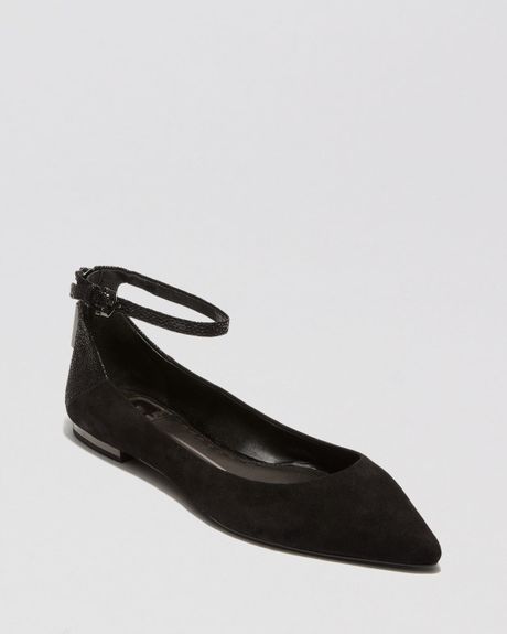 black pointed toe flats with ankle strap