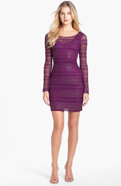 Guess Metallic Lace Knit Sheath Dress in Purple (Cranberry)