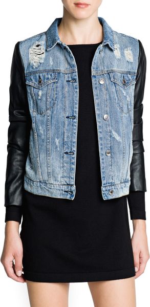 Mango Faux Leather Sleeve Denim Jacket in Black (Dark Denim) | Lyst