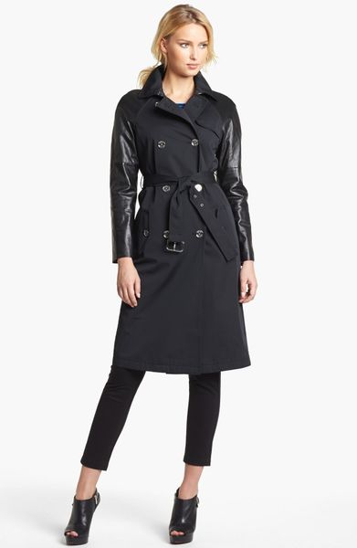 Michael By Michael Kors Leather Sleeve Trench Coat in Black - Lyst