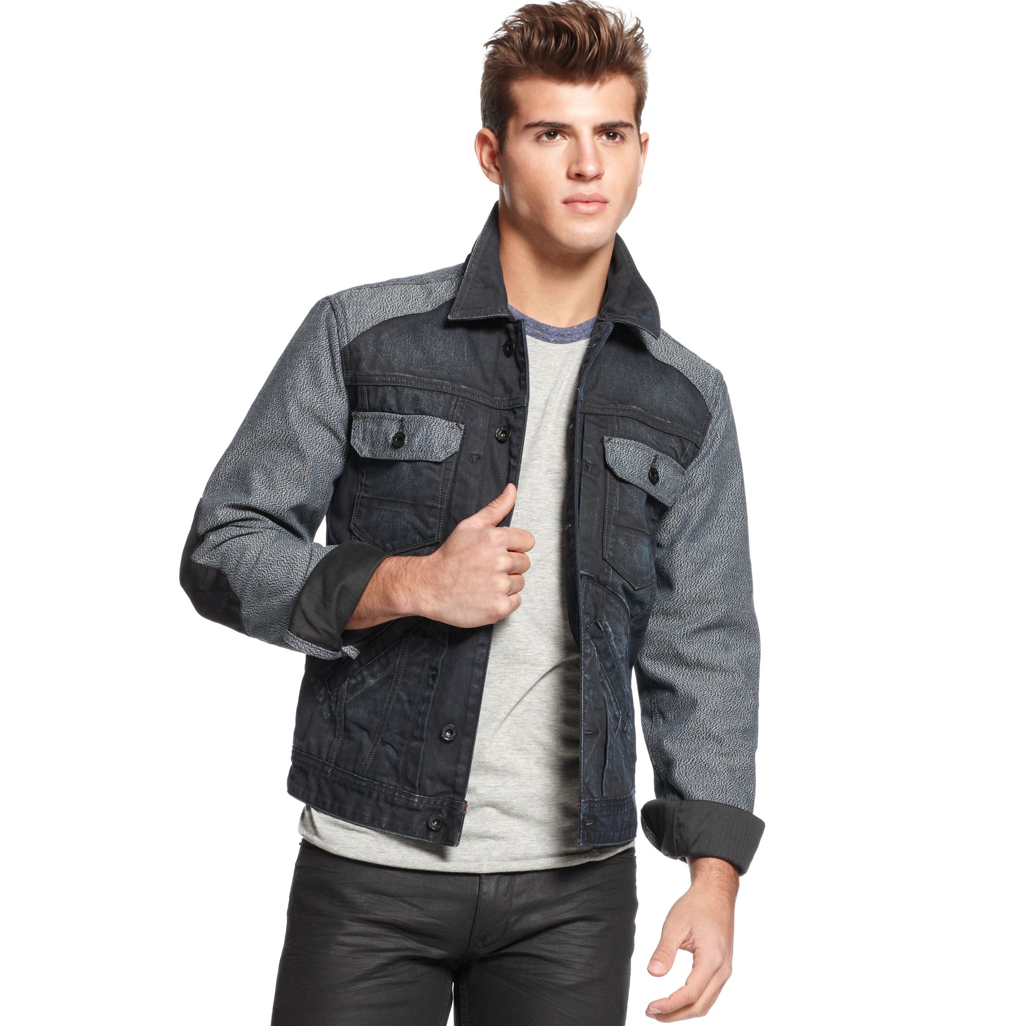 Guess Jacket Elbowpatch Mixed Jean Jacket in Gray for Men (Landslide