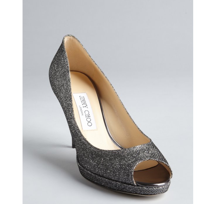 Jimmy Choo Silver Glitter Leather Alpha Peep Toe Pumps in Silver Lyst