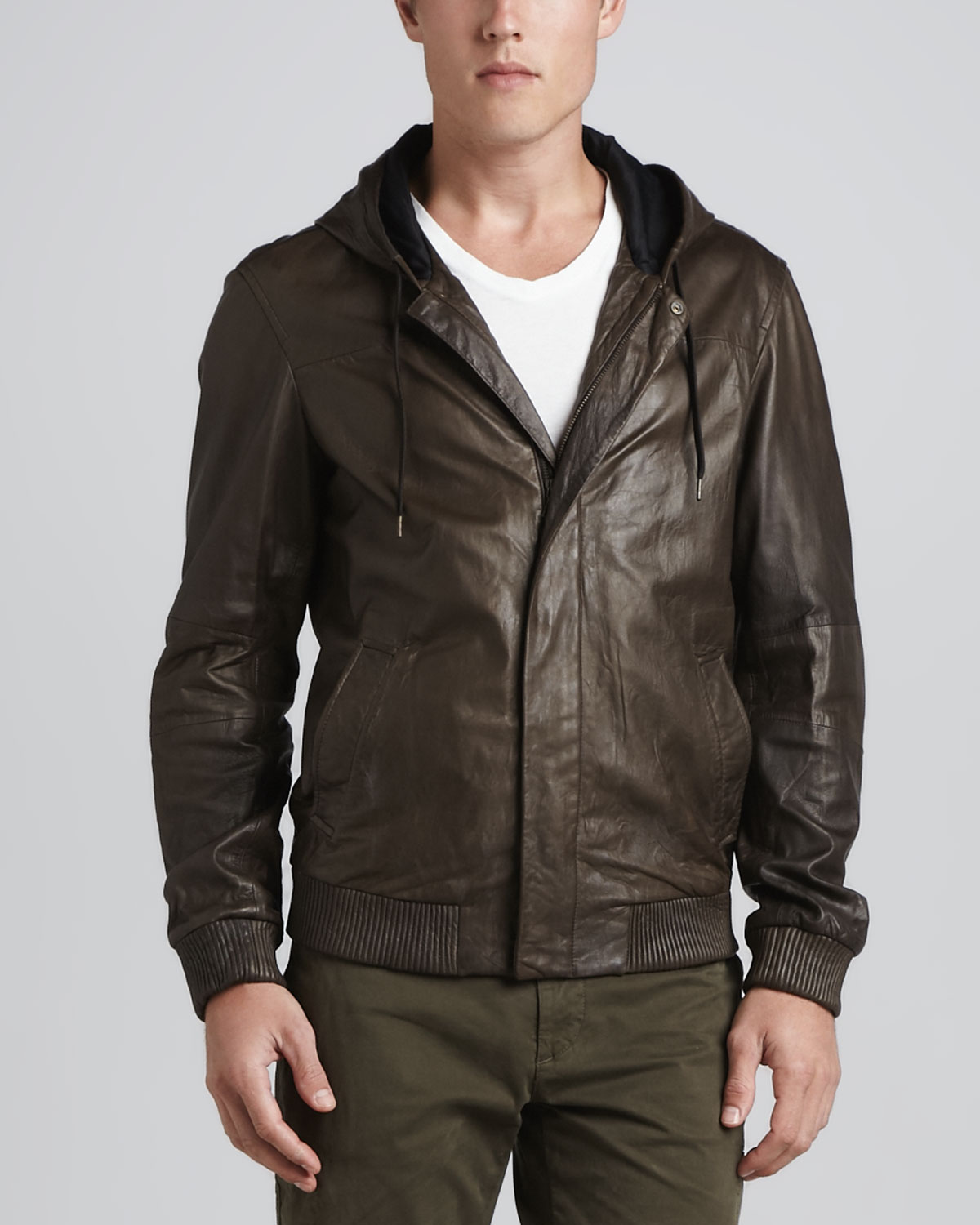 Vince Hooded Leather Bomber Jacket Dark Brown in Brown for Men Lyst